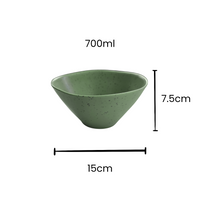 Speckled Matcha green 700ml rPET bowl measuring 15cm wide and 7.5cm high, featuring a smooth matte finish with subtle black speckles. Lightweight, durable and perfect for caravans, camping and outdoor dining.