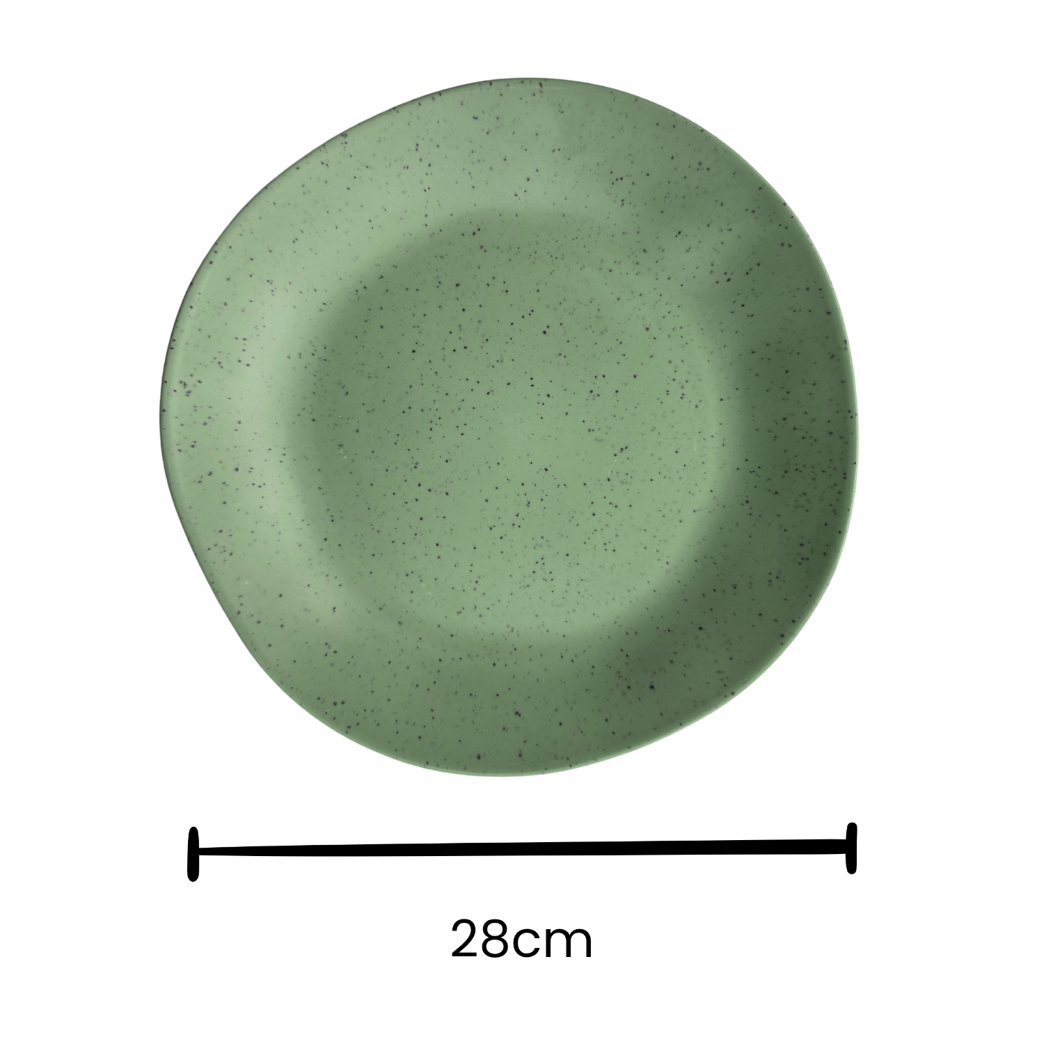 Speckled Matcha green 28cm rPET dinner plate with a smooth matte finish and subtle black speckles, shown from above with size reference. Lightweight, durable and perfect for caravans, camping and outdoor dining.