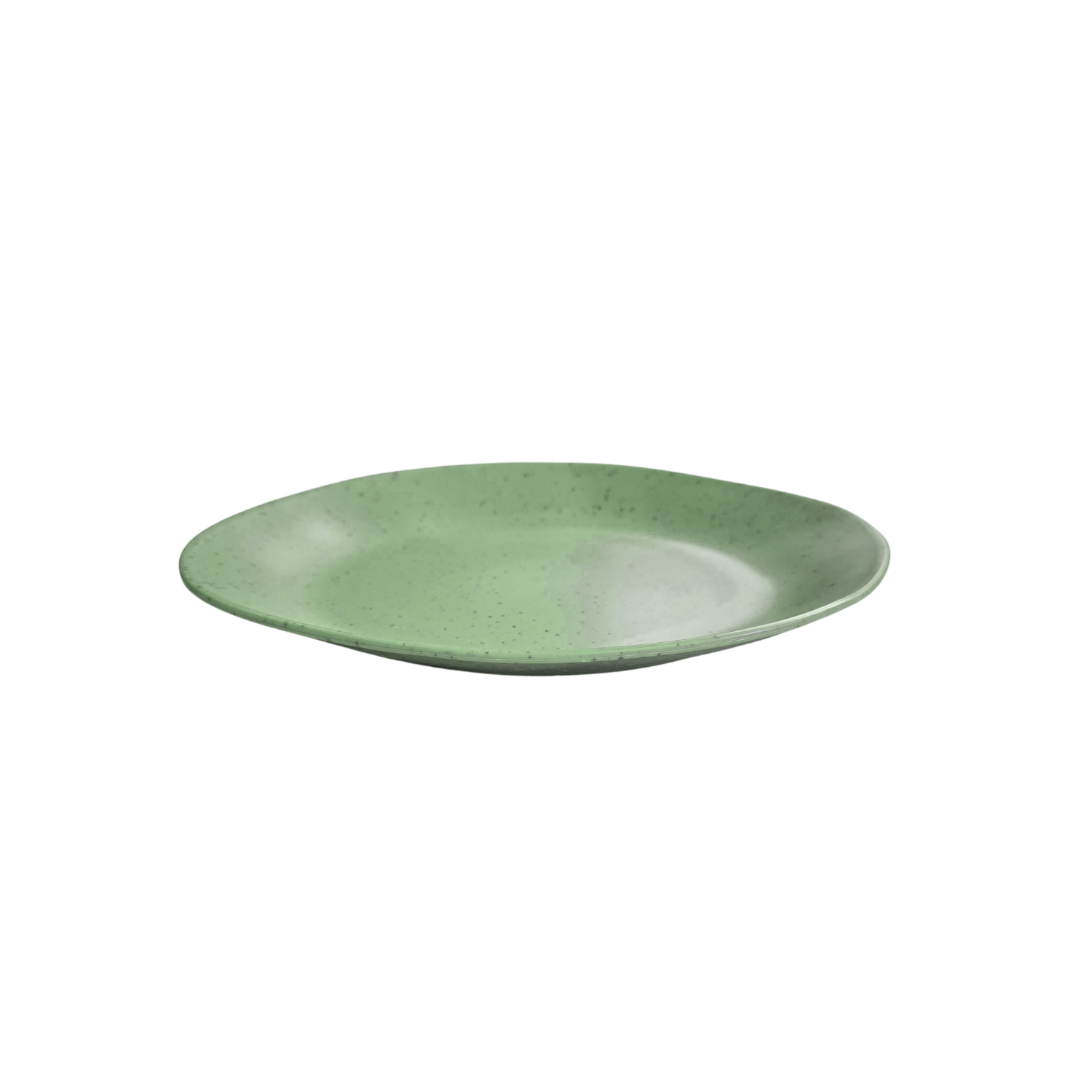 Speckled Matcha green rPET dinner plate with a smooth matte finish and subtle black speckles, shown on a white background. Lightweight, durable and ideal for caravans, camping and everyday outdoor dining.