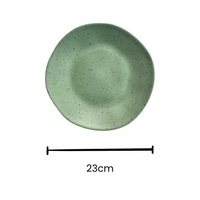 Speckled Matcha green 23cm rPET side plate with a smooth matte finish and subtle black speckles, shown from above with size reference. Lightweight, durable and perfect for caravans, camping and everyday outdoor dining.