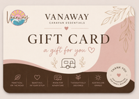A Vanaway Caravan Essentials gift card with a cream background, dusty pink wave shapes, dark brown lower section, and printed text reading 'GIFT CARD' and 'a gift for you'.