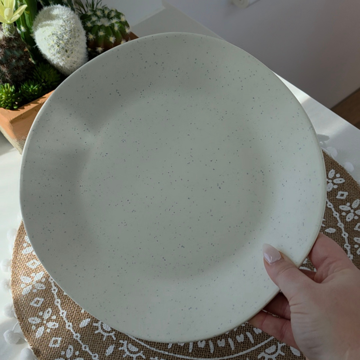 Vanaway Speckled Coconut rPET caravan dinner plate held in hand, showcasing the soft white speckled finish, lightweight construction and generous size. asymmetrical dinnerware