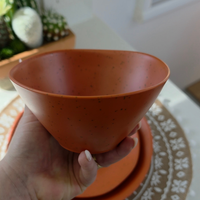 Vanaway Speckled Spice rPET caravan bowl held in hand, showcasing its generous depth, lightweight design and warm terracotta speckled finish. asymmetrical dinnerware