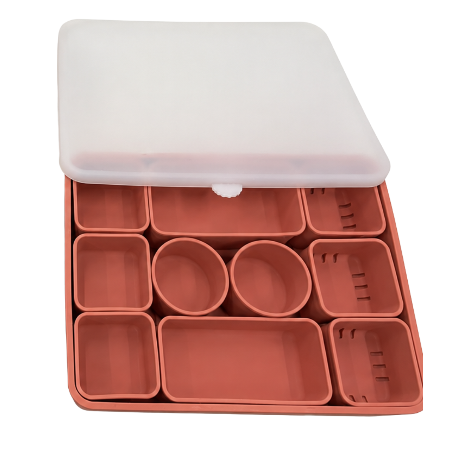 Vanaway Family Road Snack Box with removable silicone compartments and a translucent lid, shown empty.