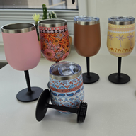 Vanaway insulated stainless steel wine tumbler collection featuring plain and printed designs with removable screw-on stems, displayed together to showcase the available colours and patterns.