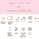 A promotional infographic for rPET caravan dinnerware, featuring a pink header with the text 'WHY CHOOSE OUR rPET CARAVAN DINNERWARE' and a white lower section with icons and labels highlighting product features such as Australian made, microwave safe, durable, lightweight, stain resistant, BPA free, eco-friendly, food grade rPET, and GRS & Intertek certified. asymmetrical dinnerware
