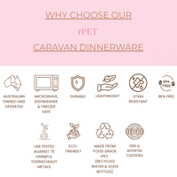 A promotional infographic for rPET caravan dinnerware, featuring a pink header with the text 'WHY CHOOSE OUR rPET CARAVAN DINNERWARE' and a white lower section with icons and labels highlighting product features such as Australian made, microwave safe, durable, lightweight, stain resistant, BPA free, eco-friendly, food grade rPET, and GRS & Intertek certified. asymmetrical dinnerware