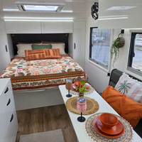 Modern caravan styled with Vanaway Speckled Spice recycled plastic camping dinnerware, Sahara woven travel throw rug and insulated drinkware, creating a warm and inviting camping setup.