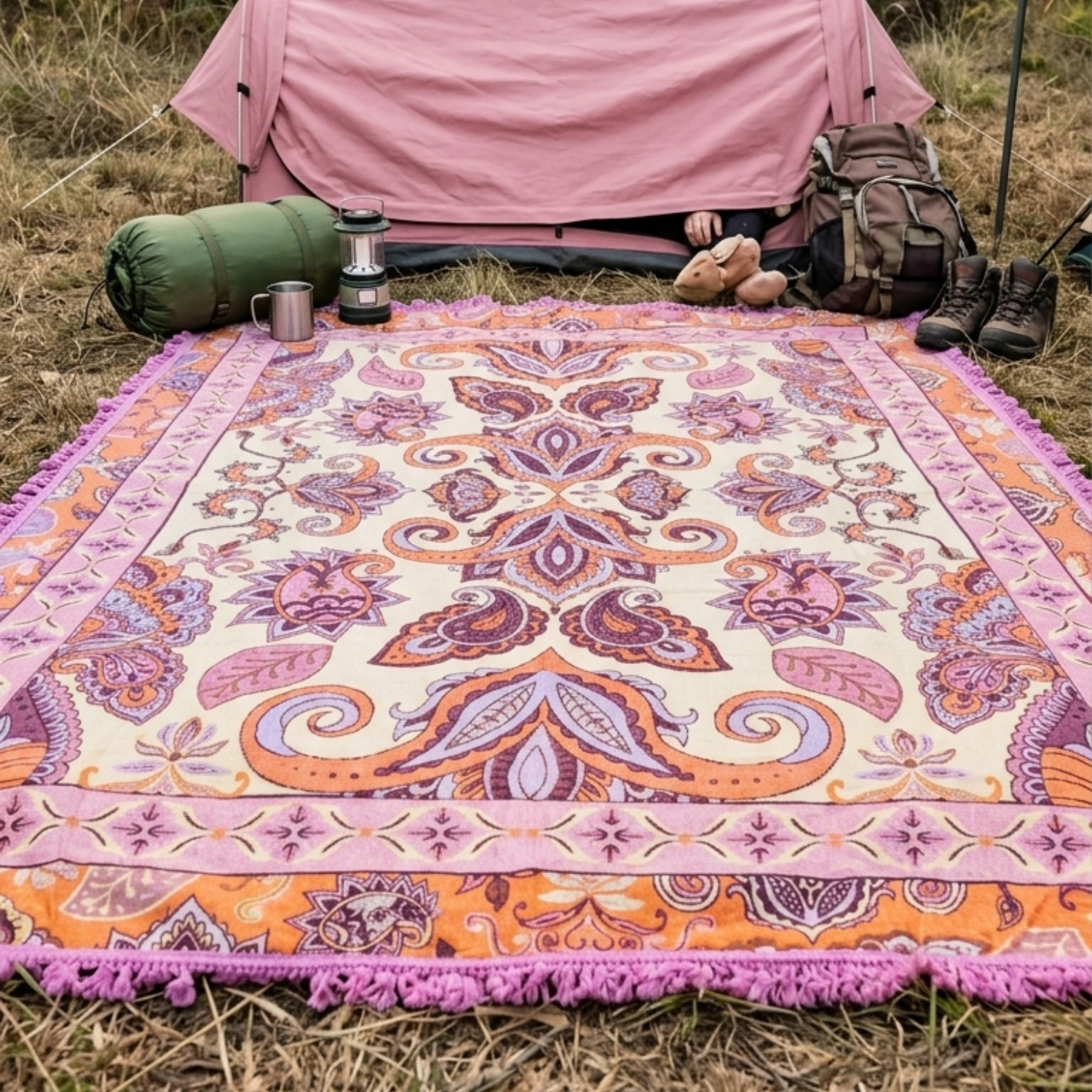 Vanaway Dahlia woven travel throw rug featuring a cream, lilac, lavender and terracotta boho paisley design, styled outside a tent with camping gear for comfortable outdoor adventures.