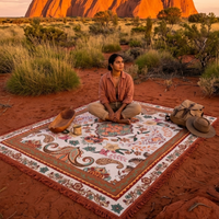 Vanaway Sahara travel throw rug styled in the Australian red dirt outback, perfect for camping, caravans and picnics.Vanaway Sahara travel throw rug featuring a cream, terracotta and sage paisley design, styled on red desert earth in the Australian outback.