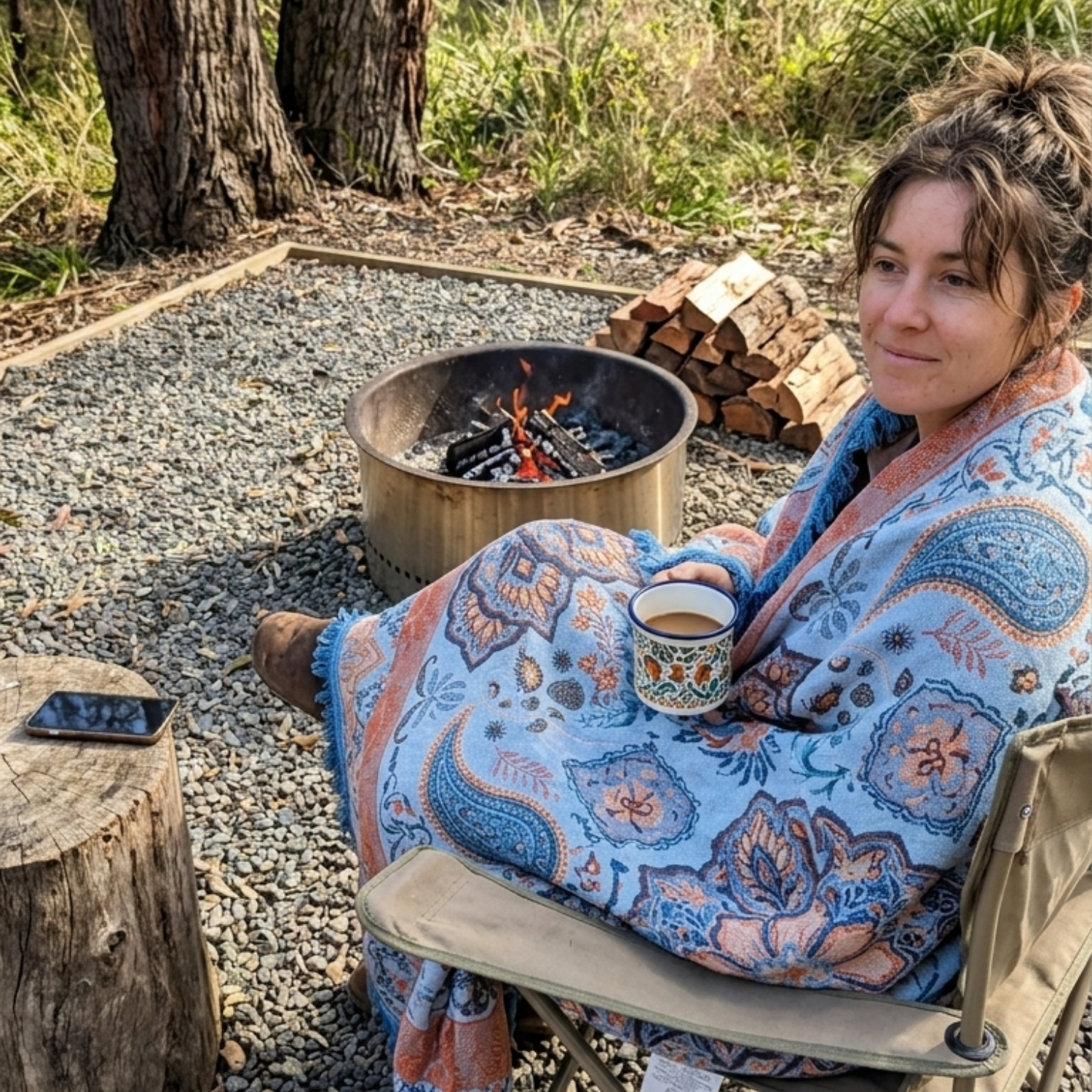Vanaway Santorini woven travel throw rug featuring a soft blue, terracotta and cream boho paisley design, used as a cosy camping blanket beside a campfire.