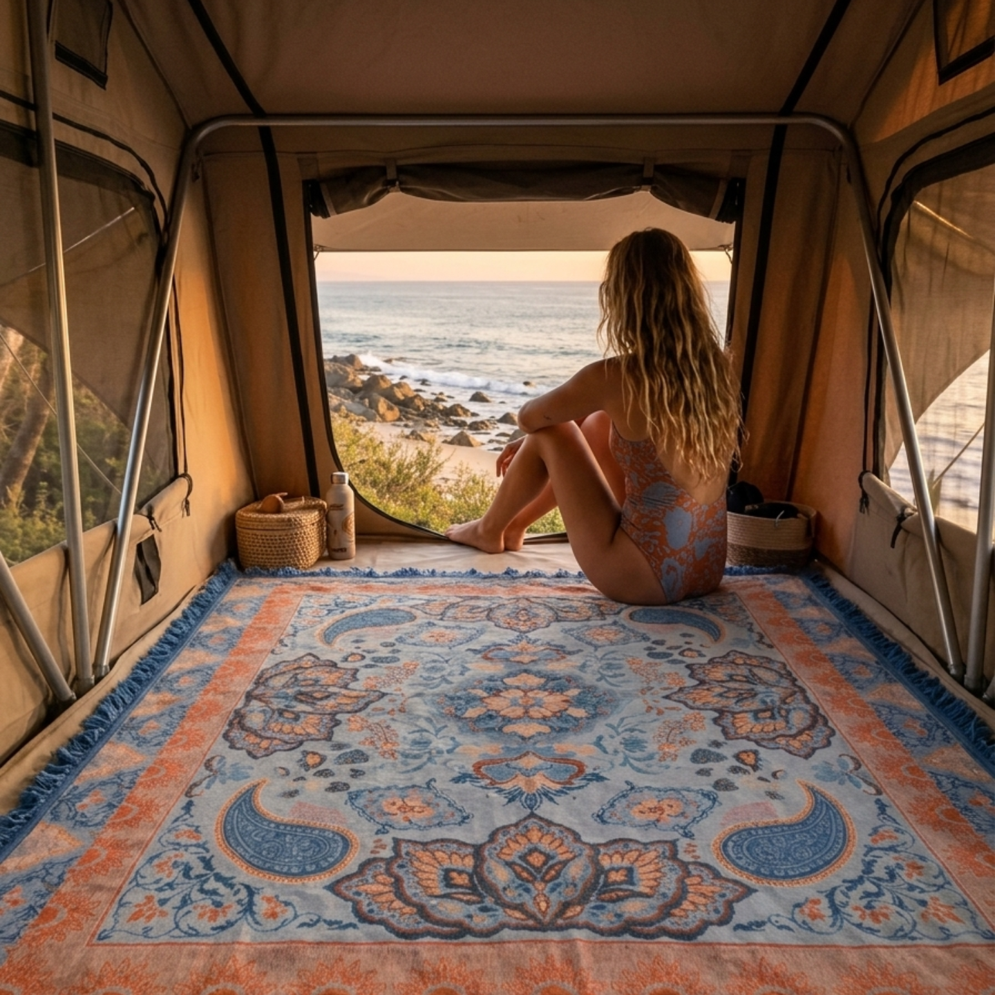Vanaway Santorini travel throw rug for caravans, camping and road trips, styled inside a rooftop tent overlooking the beach.