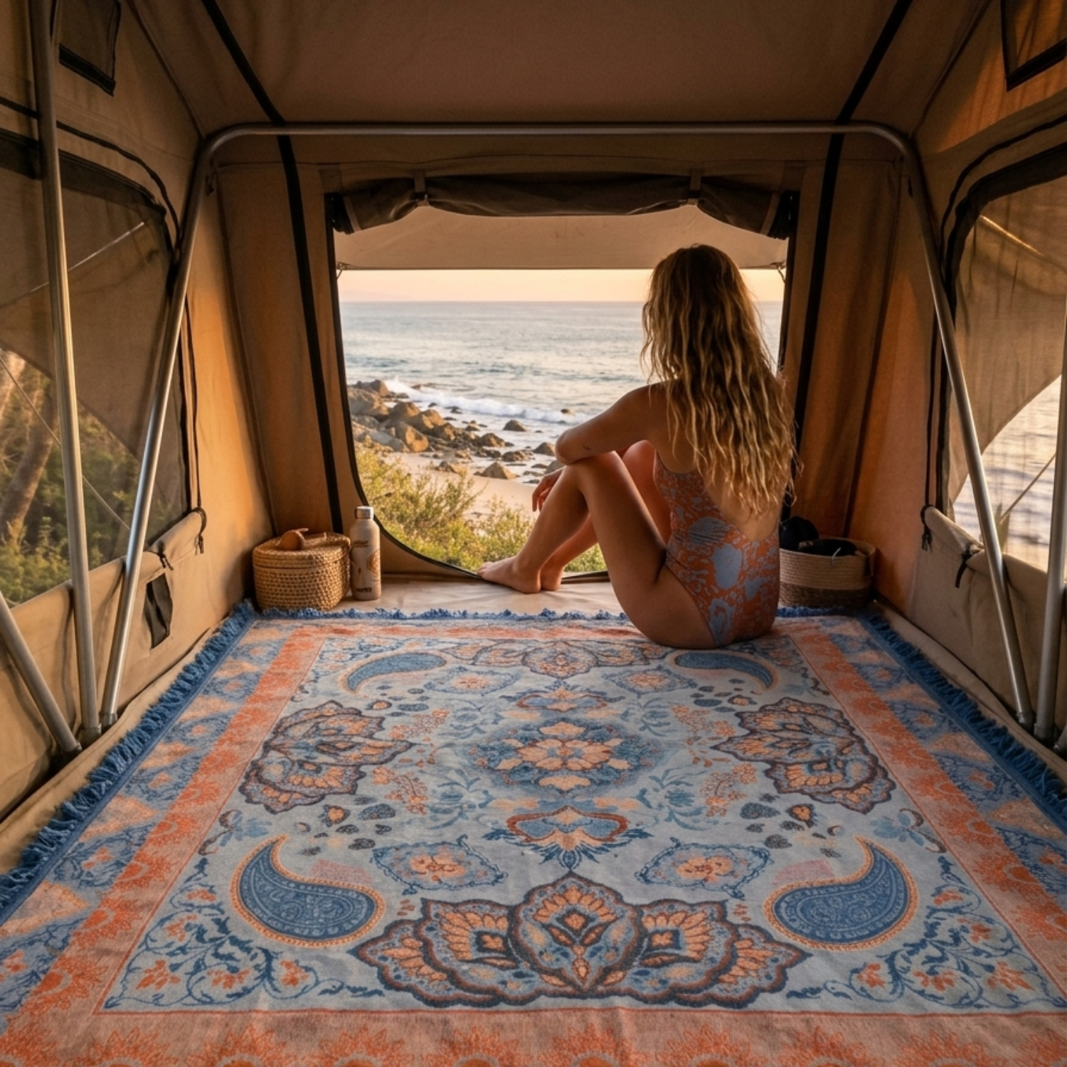 Vanaway Santorini travel throw rug for caravans, camping and road trips, styled inside a rooftop tent overlooking the beach.