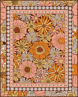 Flat artwork of the Vanaway Sunblossom woven travel throw rug, showcasing the full floral pattern, decorative shell border and symmetrical layout.