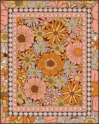 Flat artwork of the Vanaway Sunblossom woven travel throw rug, showcasing the full floral pattern, decorative shell border and symmetrical layout.
