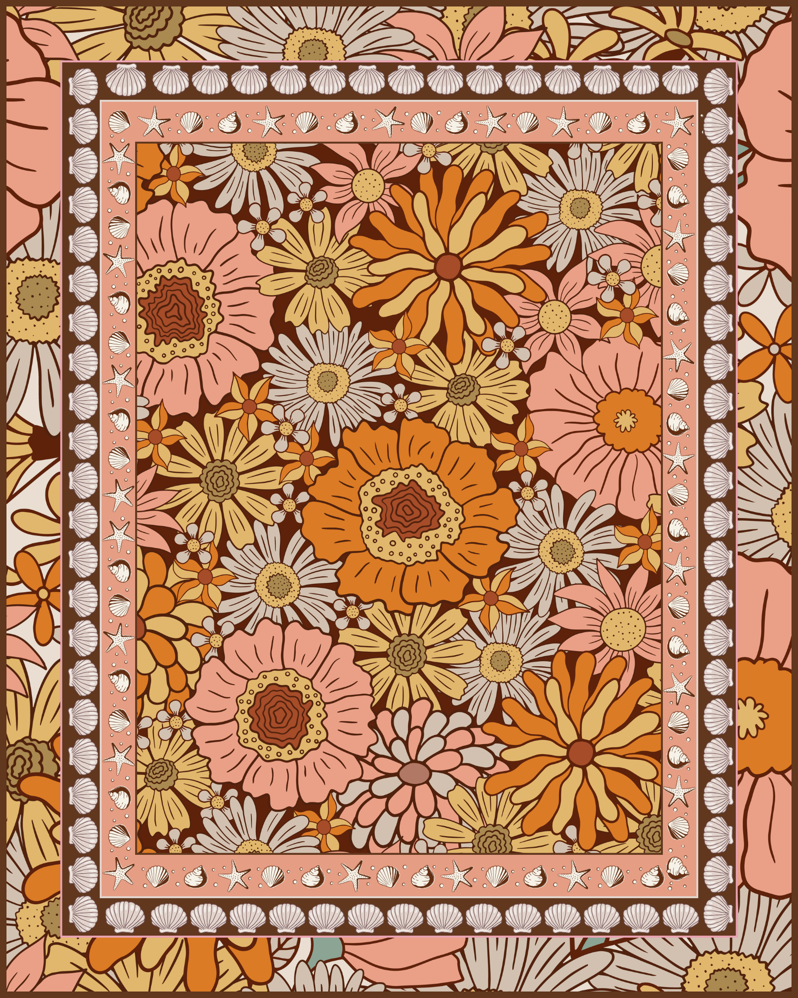 Flat artwork of the Vanaway Sunblossom woven travel throw rug, showcasing the full floral pattern, decorative shell border and symmetrical layout.