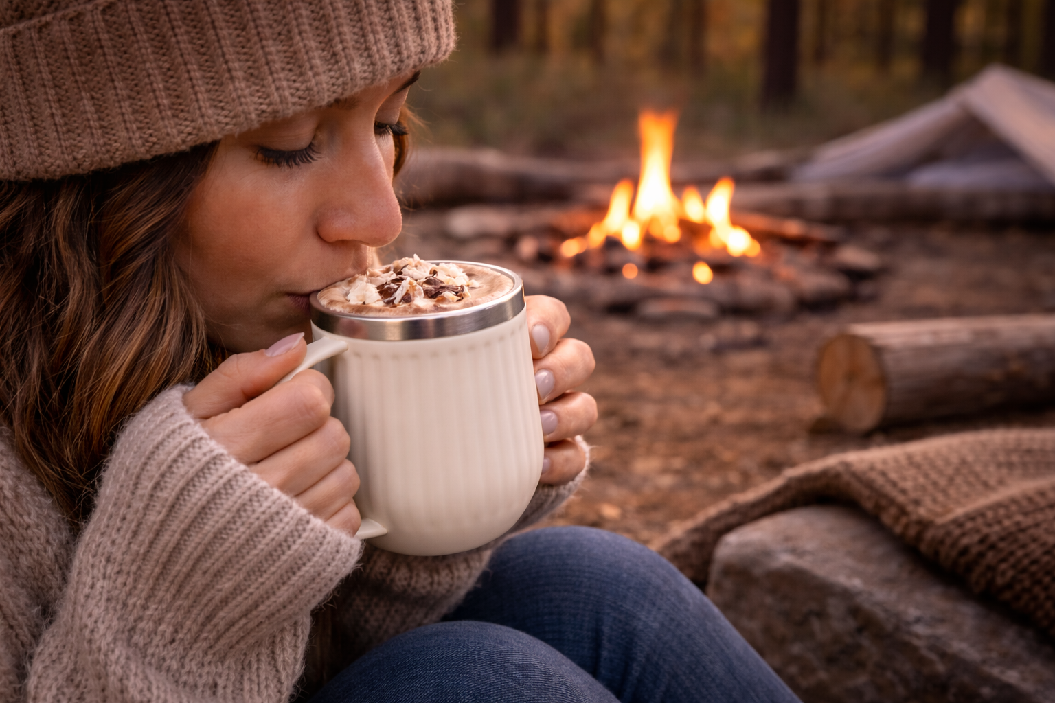 Vanaway white ribbed insulated camping mug with a stainless steel rim, filled with hot chocolate and styled beside a campfire for cosy camping adventures