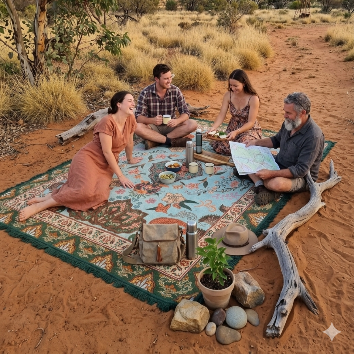 Vanaway Willow woven travel throw rug featuring a soft blue, sage green, cream and terracotta botanical design, styled for an outdoor picnic in the Australian outback with friends.